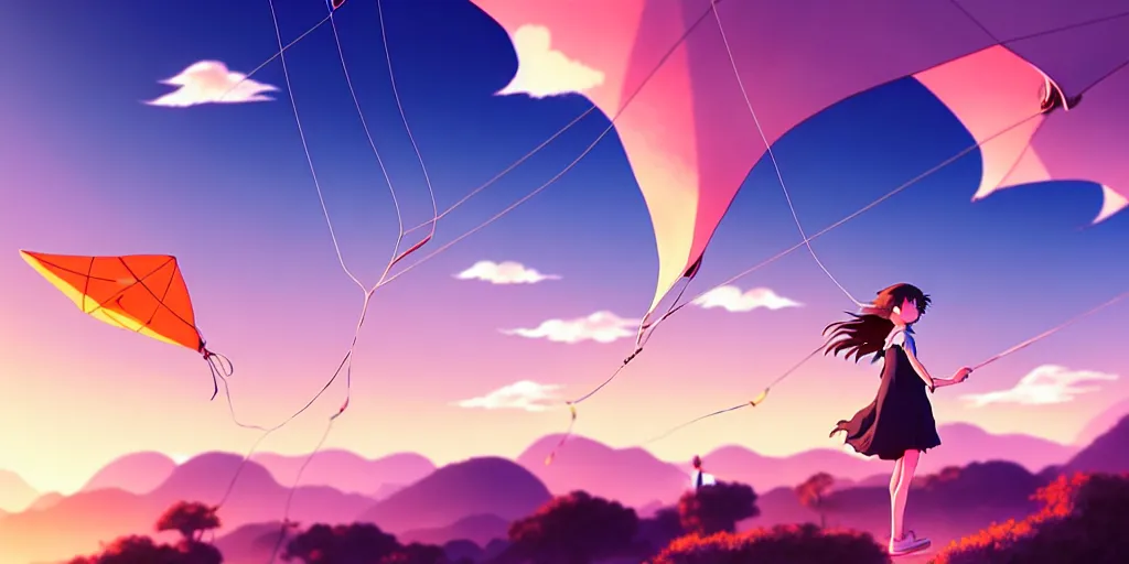 Prompt: the girl and the kites. beautiful sunrise. matte painting, anime, studio ghibli. intricate, elegant, super highly detailed, professional digital painting, artstation, concept art, smooth, Unreal Engine 5, Photorealism, HD quality, 8k resolution, cinema 4d, 3D, beautiful, cinematic