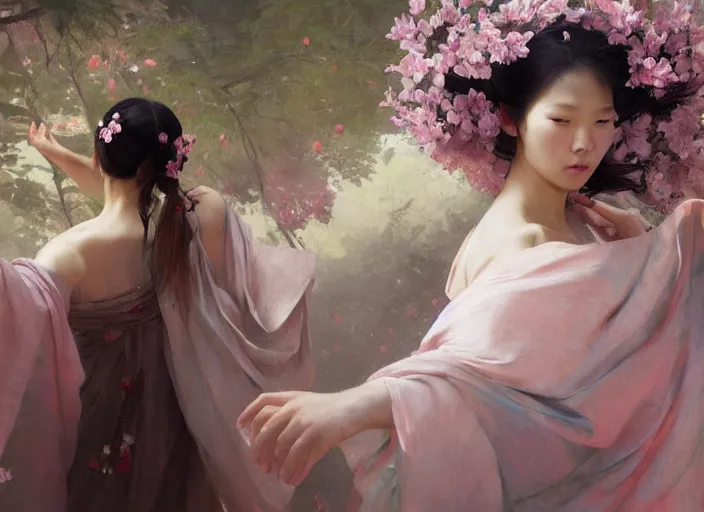 Prompt: top angle view, wide lens of asian female draped in flowery dress, beautiful concept painting by caravaggio, ruan jia, jakub rebelka, artgerm, greg rutkowski, edgar maxence