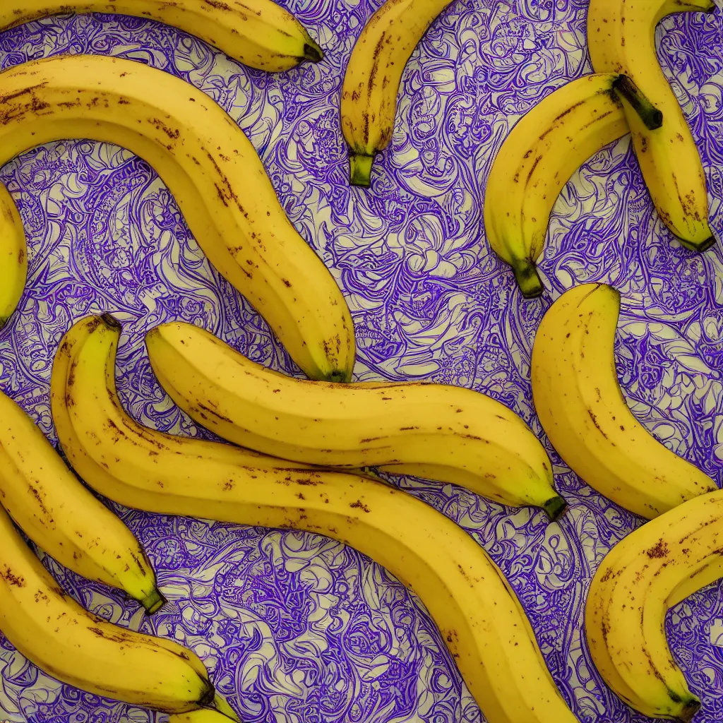 Image similar to fractal bananas, inside art nouveau embroidered plate with petal shape. closeup, hyper real, food photography, high quality