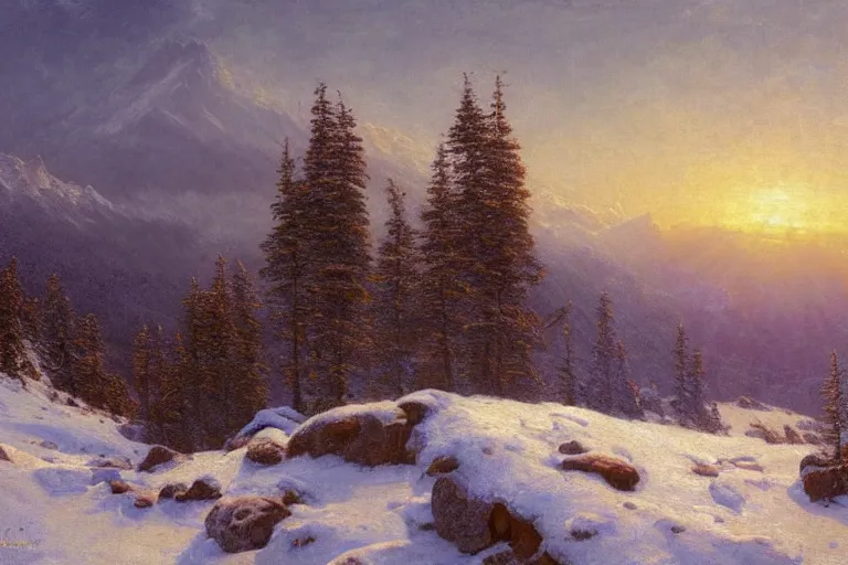 Image similar to mountains, clouds, trees, sunset, beautiful nature, winter, hyperdetailed, focused, cinematic lighting, oil painting, colorful, canvas, artstation, Albert Bierstadt, Hans Dahl, Theodor Kittelsen, Hermann Hendrich, Konstantin Yakovlevich Kryzhitsky