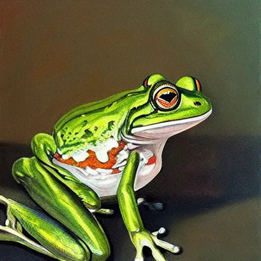 Prompt: oil painting, frog!!!!! in the triangle glass ink!!!! jar!!!!, by carl moll, by van schriek, masterpiece, museum, gallery, hd, highly detailed, realistic, artstation, digital art, clear colours,