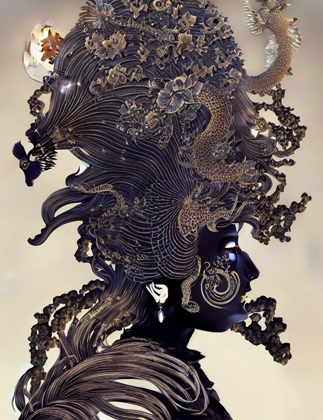 Image similar to 3 d goddess close - up profile portrait with crown, ram skull. beautiful intricately detailed japanese crow kitsune mask and clasical japanese kimono. betta fish, jellyfish phoenix, bio luminescent, plasma, ice, water, wind, creature, artwork by tooth wu and wlop and beeple and greg rutkowski