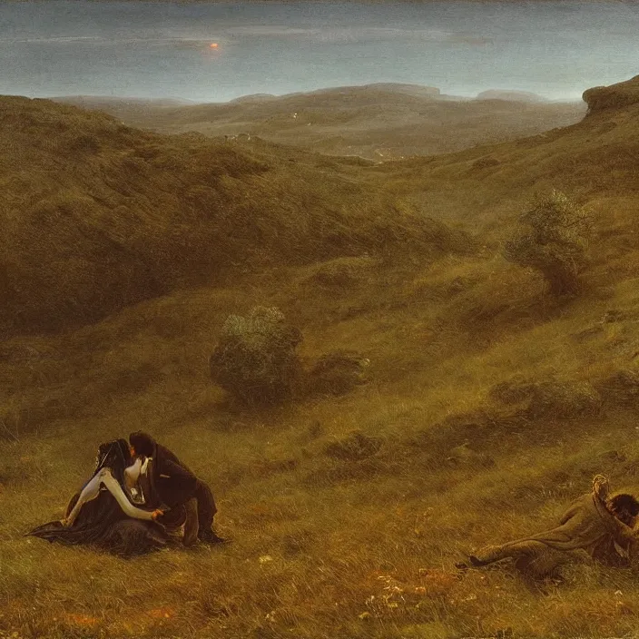 Image similar to adult dark - skinned man and woman kissing on the moorland, painting by caspar david friedrich