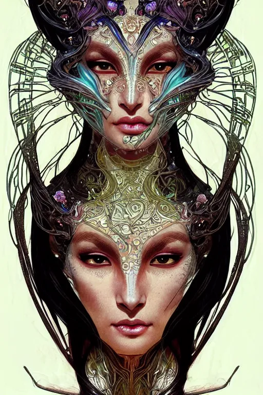 Image similar to beautiful and exotic and other-worldly alien queen portrait, sparkling eyes + front face with thick flowing hair, perfectly symmetrical facial features and muscle anatomy, ultradetailed art and illustration by jia ruan and chris bachalo and arthur suydam and alphonse mucha, fantasy, intricate complexity, scientific human structure, accurate human anatomy, fantasy character concept, watercolor, bleed, hyperrealism 8k