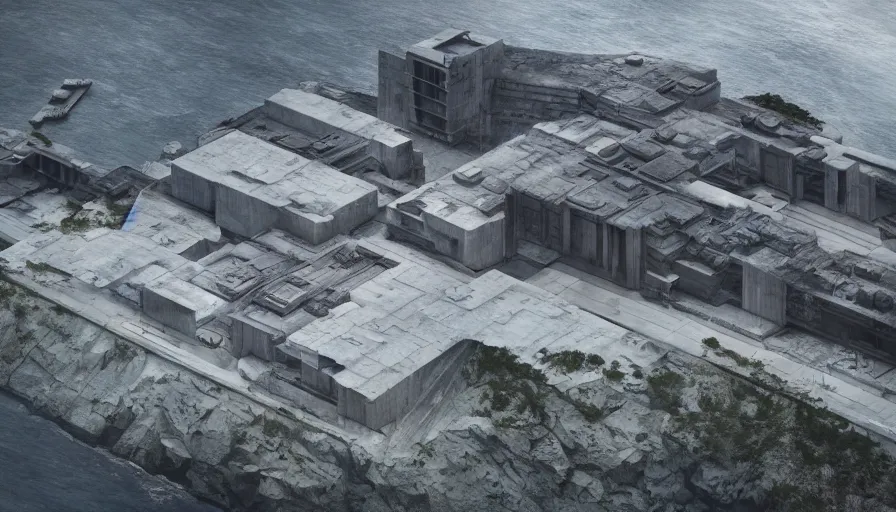 Image similar to big brutalist imperial military base on cliffs, drawing architecture, very long shot, top angle, imperial architecture in rogue one, pritzker architecture prize, brutalism architecture, jan urschel, greig fraser