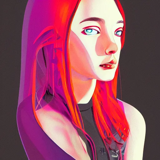 Image similar to a stylized image of a hard surfaces girl with long hair, digital art by ei - q, featured on pixiv, synchromism, flat shading, full body, metaphysical painting, speedpainting, digital painting, holographic undertones, highly saturated colors, 4 k, digital art, concept art, trending on artstation