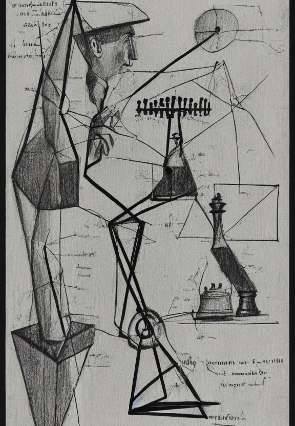 Image similar to a concept drawing of marcel duchamp holding up a chess - piece wire - machine, a surrealist painting by marcel duchamp, complex artificial - intelligence machinery, minimal sketch flow - chart, academic art, 1 9 2 0 s