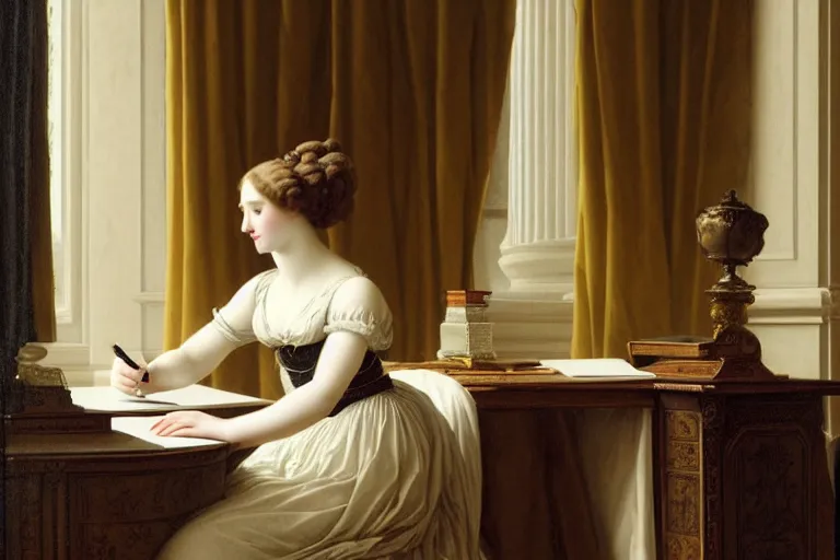 Image similar to lady writing at her desk by vittorio reggianini, georgian dress, directoire style, regency, empire silhouette, bright lighting, perfectly detailed eyes, beautiful hands, pale skin, clear face