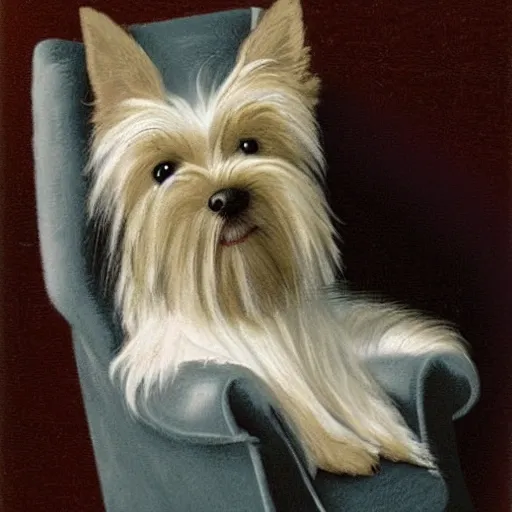 Prompt: gray Yorkie dog sitting on a white leather recliner, extremely detailed masterpiece, illustration, by Michael Sowa,