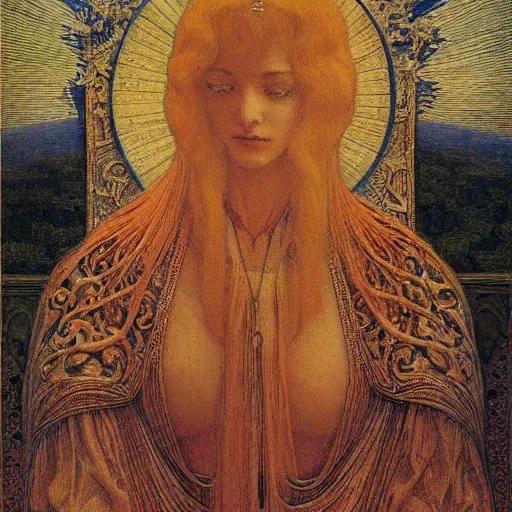 Image similar to beautiful young medieval queen by jean delville, art nouveau, symbolist, visionary, gothic