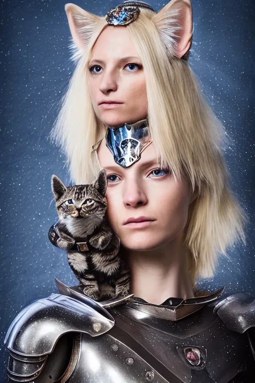 Image similar to female knight wearing a real cat on her head, armor designed by wayne barlowe, swarovski and tiffany, blonde hair, symmetry, sci - fi, cinematic, elegant, luxury, perfect light, perfect composition, dlsr photography, sharp focus, dark fantasy, 8 k, ultra hd, sense of awe, highly detailed, realistic, intricate