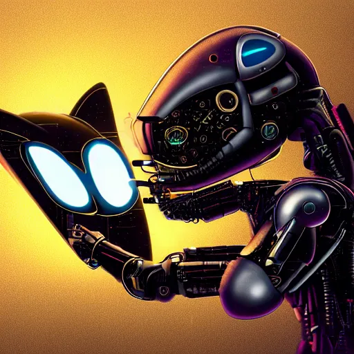 Image similar to a metallic robotic cyborg cat eating a computer mouse, cyberpunk, digital art, 8 k, trending on artstation