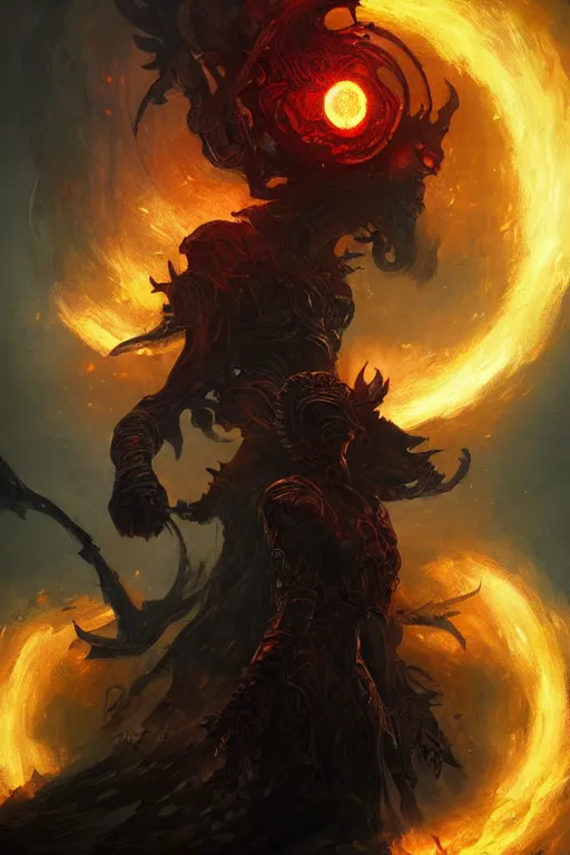 Image similar to Black Orb of Fire, digital art, fantasy, magic, trending on artstation, illustration by Seb McKinnon and Peter Mohrbacher, ultra detailed, atmospheric, powerful presence, bossfight