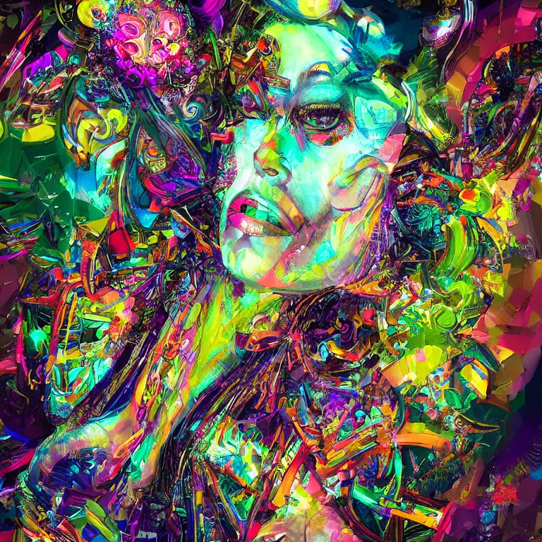 Image similar to hyper-maximalist overdetailed cinematic 70% portrait 30% abstract geometric collage pesudofigurative digital illustration by archan nair inspired by heidi taillefer. Dramatic lights. Psychedelic visionary artwork. Zenith view. Seen from below. 3d render