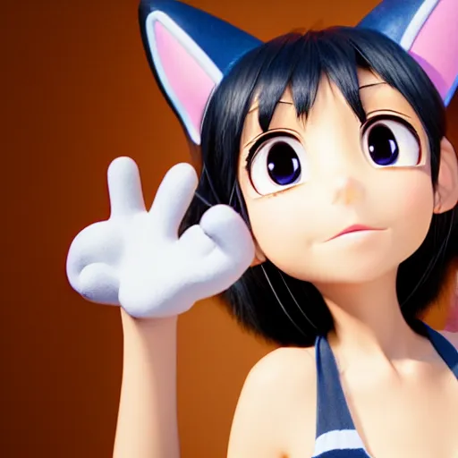 Image similar to new pixar character as an anime girl wearing cat ears, catgirl, highly detailed, extremely high quality, hd, 4 k, 8 k, professional photographer, 4 0 mp, lifelike, top - rated, award winning, cinematic, realistic, detailed lighting, detailed shadows, sharp, no blur, edited, corrected, trending