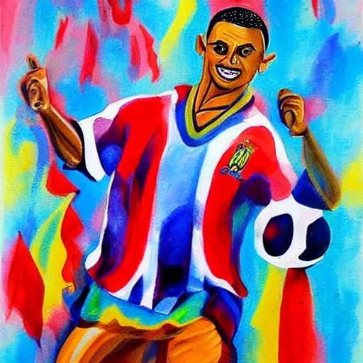 Image similar to a very detailed painting of luis nazario de lima ronaldo dance samba,