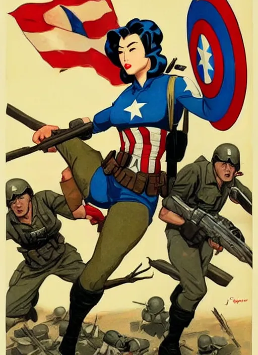Image similar to beautiful asian female captain america standing on a pile of defeated, beaten and broken german soldiers. feminist captain america wins wwii. american wwii propaganda poster by james gurney. gorgeous face. overwatch. anime