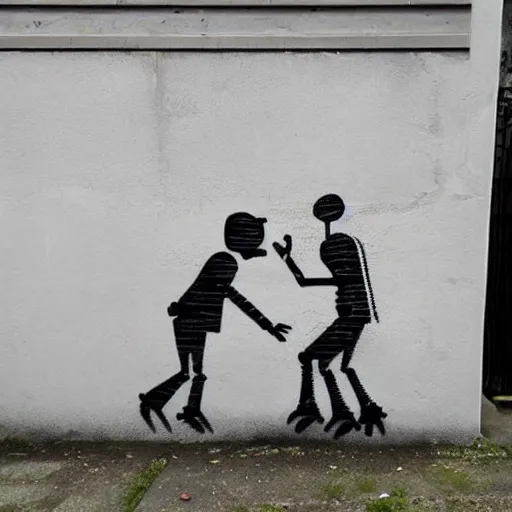 Prompt: robots kissing, street art, by banksy