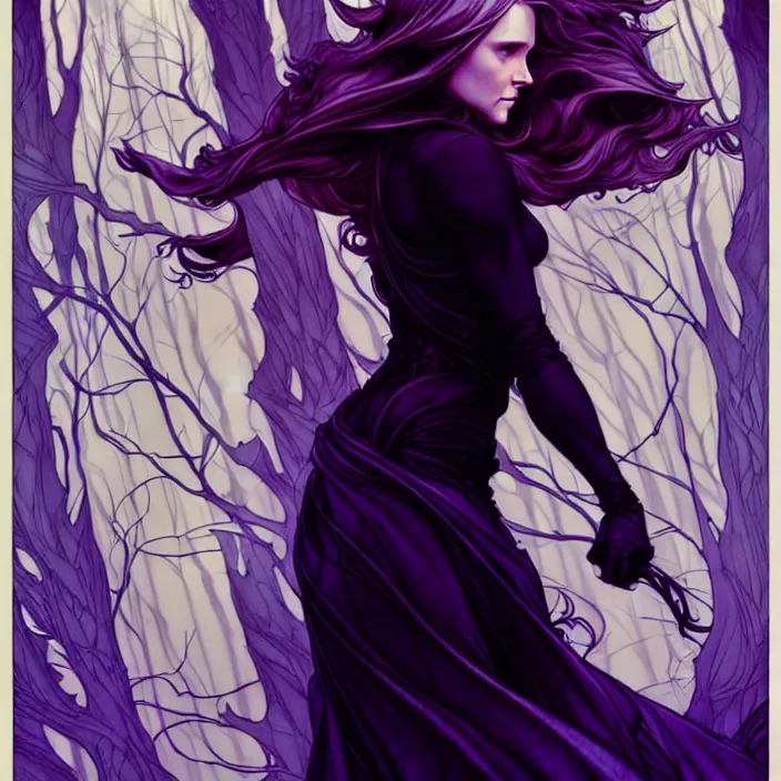 Image similar to style artgerm, joshua middleton, arthur rackham, beautiful kristen bell with black dress, very long white hair, symmetrical face, symmetrical eyes, purple fire powers fire swirling, detailed, forest setting, cinematic lighting