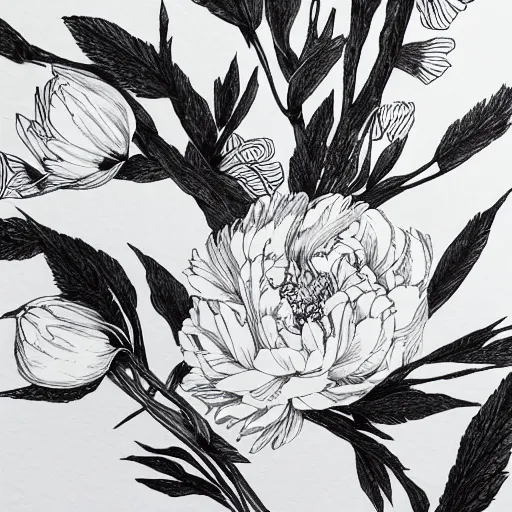 Prompt: peony, aesthetic, botanical art, boho, black ink on white paper