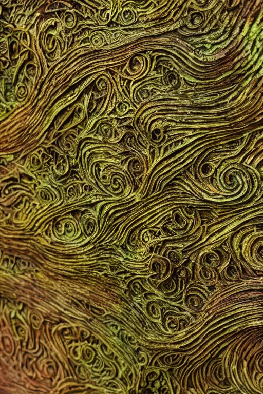 Image similar to studio shot of an intricate wood twisting statue, intricate mathematical shape, professional, textured wood, scratched metal, well lit professional photo, chromatic, colourful moss, mossy wood, HD photography, 4k