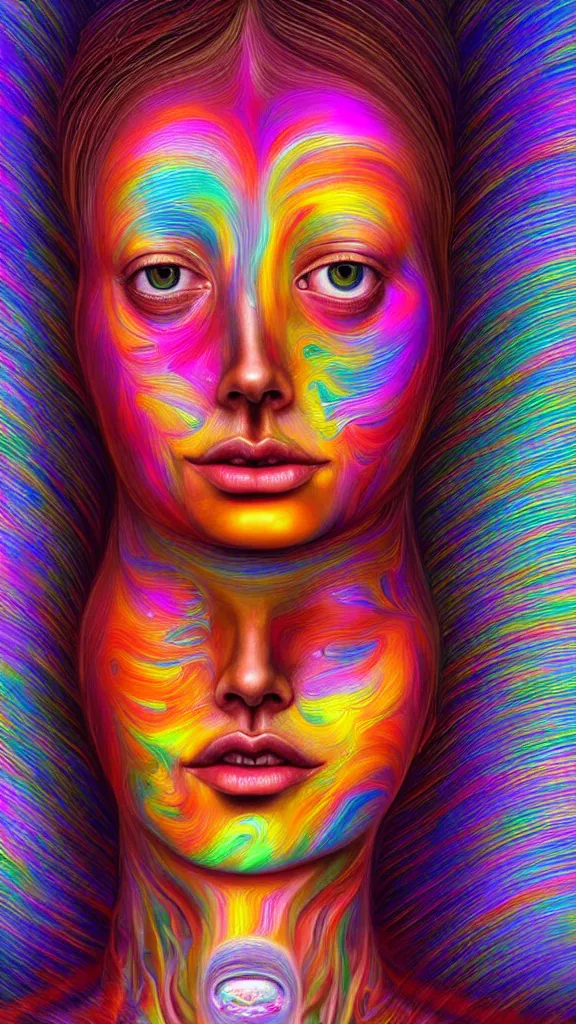 Prompt: hyperrealistic abstract close-up female! portrait Renaissance psychedelic!! celestial happy! pure creature!! perfect!! face! peaceful! kind spirit of nature! beautiful fractal!! eyes! highly detailed concept art eric zener elson peter cinematic hard rainbow lighting high angle hd 8k sharp shallow depth of field endless, inspired by Zdzisław Beksiński Salvador Dali