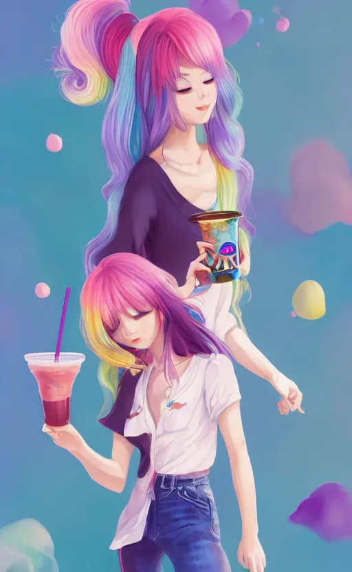 Image similar to a kawaii woman with rainbow hair, happy, summer time, holding boba tea drink, soft eyes and narrow chin, dainty figure, long hair straight down, kawaii shirt and jeans, basic white background, In style of by Jordan Grimmer and greg rutkowski, crisp lines and color