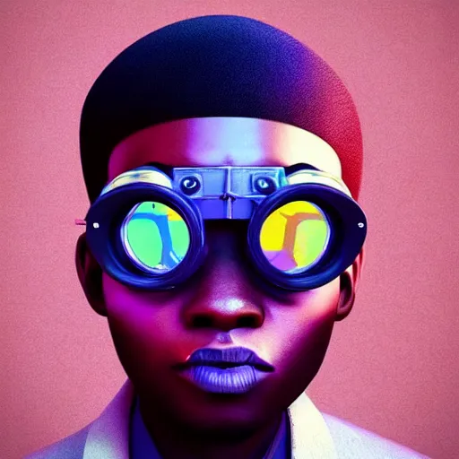 Image similar to colourful vfx portrait - art of a nigerian boy wearing steam punk goggles, art by utagawa kunisada & james jean, digital illustration, digital render, volumetric light, ray tracing, symmetrical, unreal engine, octane 3 d render, sharp, detailed, highly detailed, intricate detail, pinterest, behance, art station,