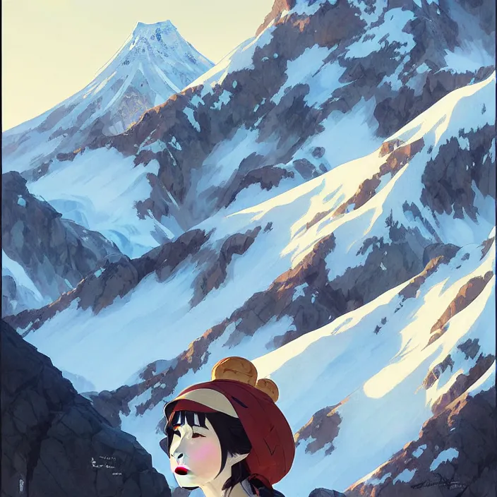 Image similar to japanese mountains, winter, in the style of studio ghibli, j. c. leyendecker, greg rutkowski, artem