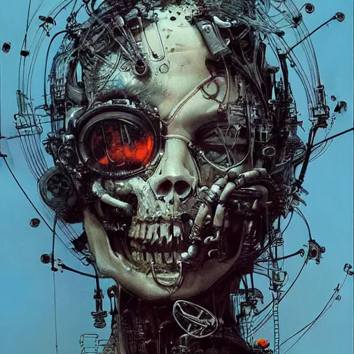 Prompt: a cyberpunk biomechanical hacker, skulls, wires cybernetic implants, machine noir grimcore, in the style of adrian ghenie esao andrews jenny saville surrealism dark art by james jean takato yamamoto and by ashley wood and mike mignola