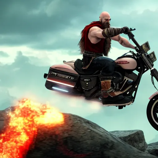 Image similar to kratos jumping a black harley - davidson motorcycle off a cliff, cinematic render, playstation studios official media, god of war 2 0 1 8, flames, centered