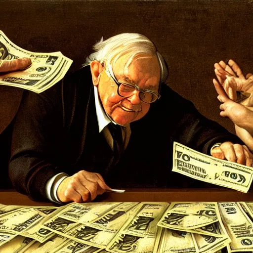 Prompt: Warren Buffet holding dollar bills looking at a line graph. Painted by Caravaggio, high detail