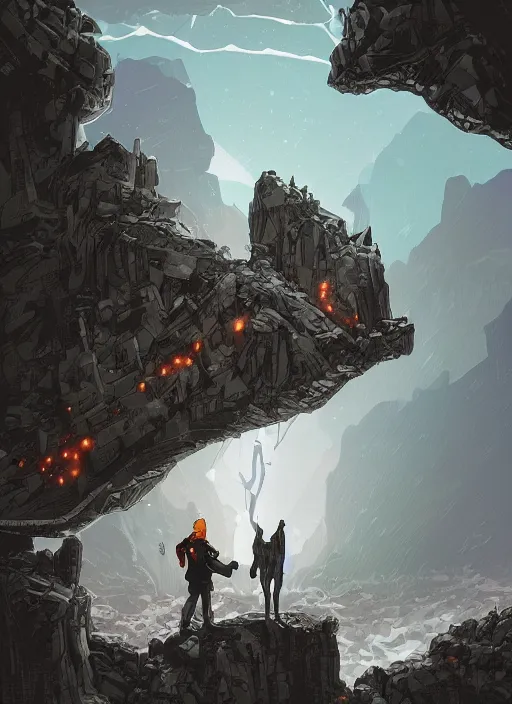 Prompt: comic book art of a [ man ] in trenchcoat in armour crossing a [ bridge ] above a [ cliff ] [ mountain in the background ] [ forest ] made of crystalized glowing rock, a [ glowing temple ] extends into the sky, low angle, artstation illustration, elegant, arcane by tim doyle