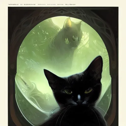 Image similar to small black cat with big green eyes, intricate, elegant, highly detailed, digital painting, artstation, concept art, matte, sharp focus, illustration, art by Artgerm and Greg Rutkowski and Alphonse Mucha