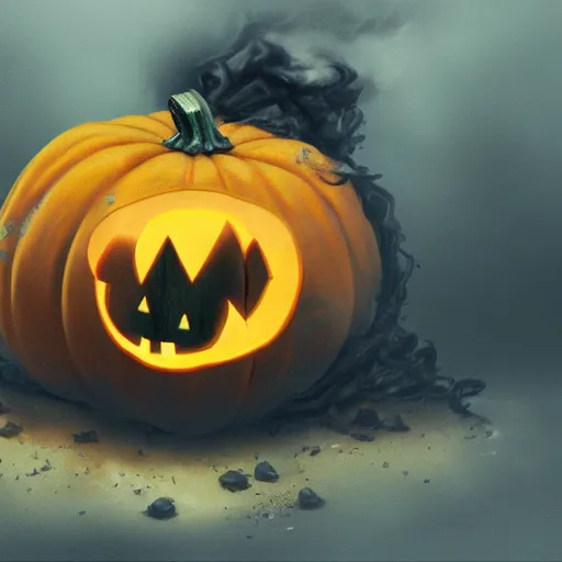 Image similar to pumpkin with black smoke coming from its eyes, high detail, concept art, fantasy art, computer art
