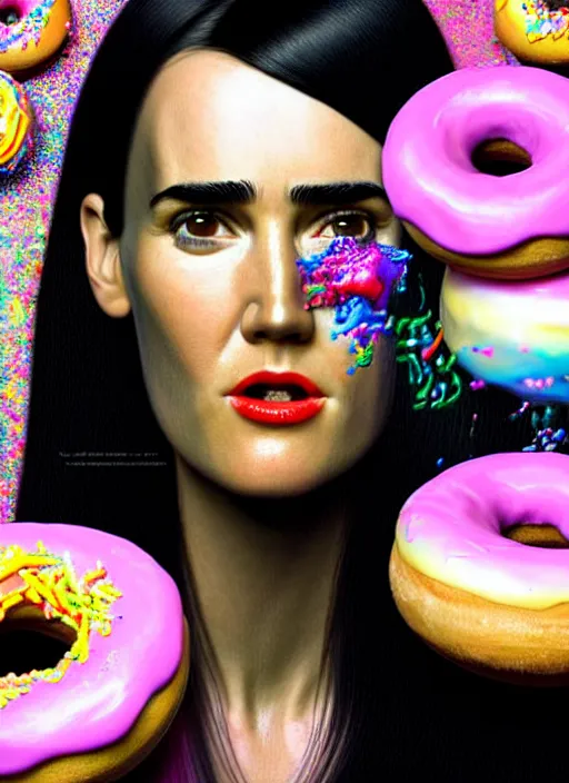 Image similar to hyper detailed 3d render like a Oil painting - Jennifer Connelly with black hair in thick mascara seen seriously making chewing gum bubbles and Eating of the Strangling network of colorful donuts and exotic colorful flowers and Her delicate Hands hold of pink parrots bring iridescent luminescent flowers whose blossoms black the foolish stars by Jacek Yerka, Mariusz Lewandowski, Houdini algorithmic generative render, Abstract brush strokes, Masterpiece, Edward Hopper and James Gilleard, Zdzislaw Beksinski, Mark Ryden, Wolfgang Lettl, Dan Hiller, hints of Yayoi Kasuma, octane render, 8k