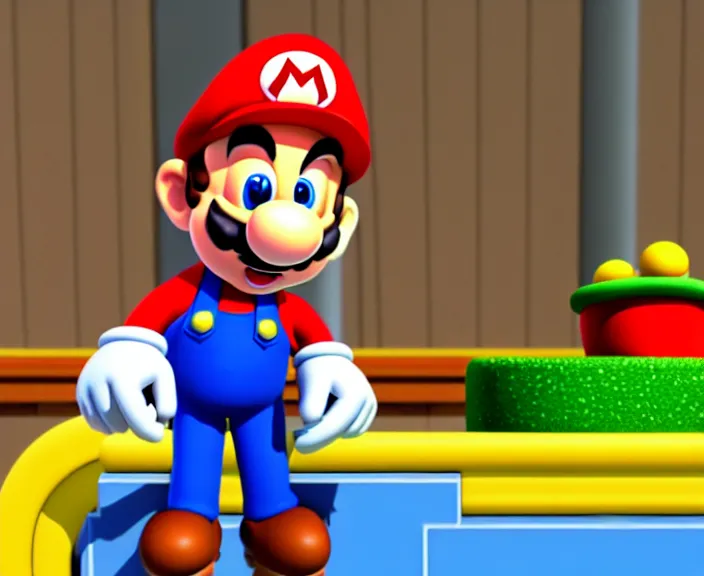 Image similar to still from a 3 d cartoon of ( ( super mario standing behind a podium in the mushroom kingdom, political ) ), 4 k, official screenshot, close - up