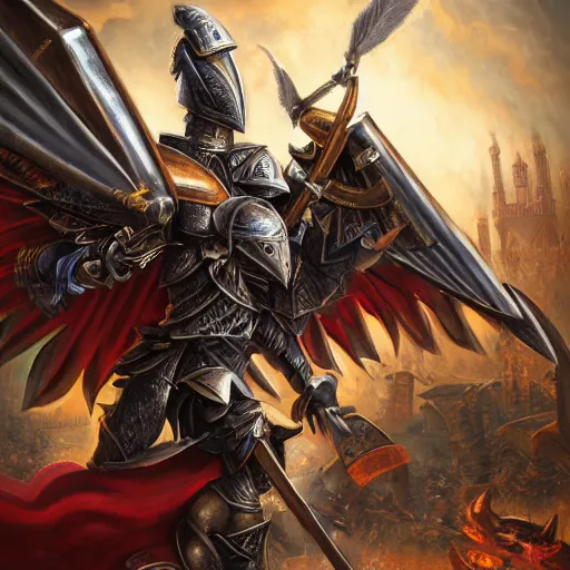 Image similar to a winged knight with epic edgy armor and weapons readying a blast of magic to destroy an entire town. 8K high resolution. Oil painting. High detail and beautiful colors.