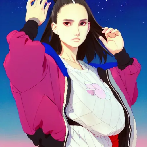 Image similar to a beautiful plus sized model japanese natalie portman, alluring, wearing oversized mayan bomber jacket and leotard with overalls, bulky poofy bomber jacket with mayan patterns, aztec street fashion, gapmoe yandere grimdark, trending on pixiv fanbox, painted by greg rutkowski makoto shinkai takashi takeuchi studio ghibli, akihiko yoshida
