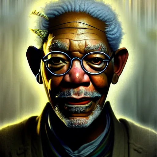 Prompt: portrait painting of a cyberpunk elf corporate boss morgan freeman, sharp focus, award - winning, trending on artstation, masterpiece, highly detailed, intricate. art by charlie bowater and greg staples and elsa beskow and brian froud and jessica rossier