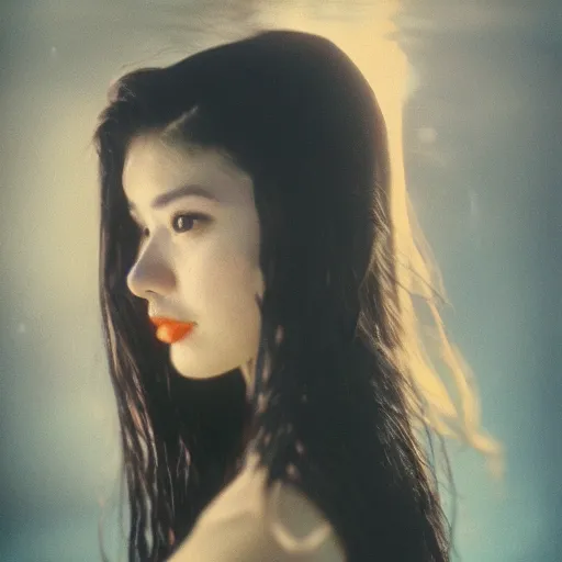 Image similar to Portrait photo of a woman under water, long dark hair, flowing hair, posed in profile, studio lighting, highly detailed, art by artgerm, cinestill 800t