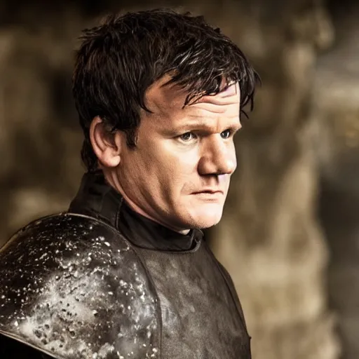 Prompt: gordon ramsey as ramsay bolton in game of thrones, 4 k, epic, cinematic, focus, movie still, fantasy, serious, extreme detail, atmospheric, dark colour, sharp focus