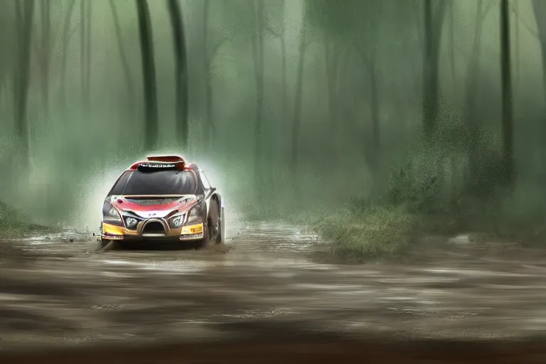 Image similar to a rally car splashing thru a mud puddle in a forest. Digital art, extremely detailed, artstation, motion blur, mist