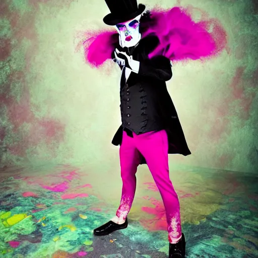 Image similar to grim-hatter, professional photoshoot, neochrome acid colors