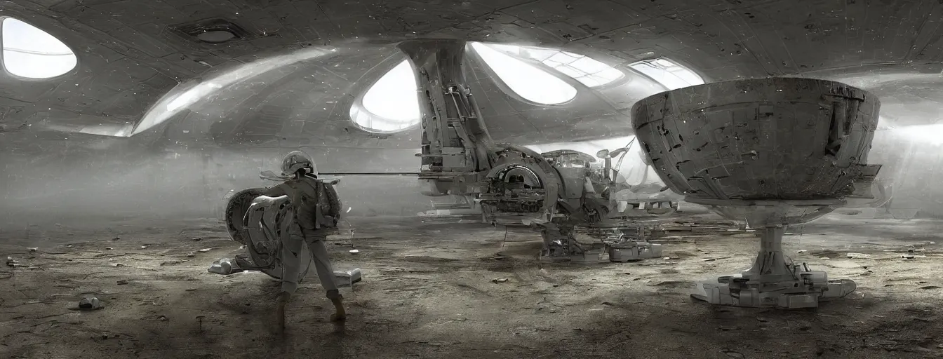 Image similar to engineer repairs special flying saucer full of modern military equipment, in the hall of area 55, high detail, ground fog, wet reflective ground, saturated colors, by James Paick, render Unreal Engine-H 704