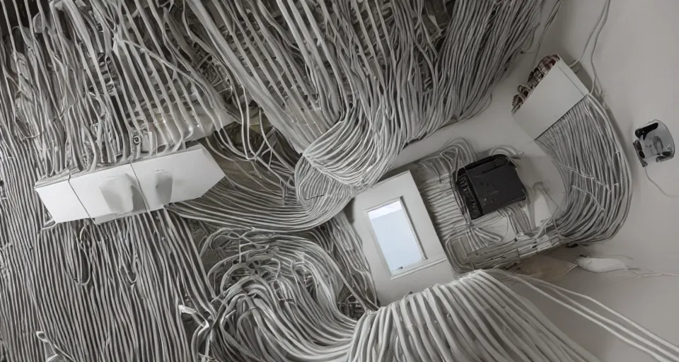 Prompt: a tangle of air ducts, cables and wiring in a small dysoptian flat, style of terry gilliam