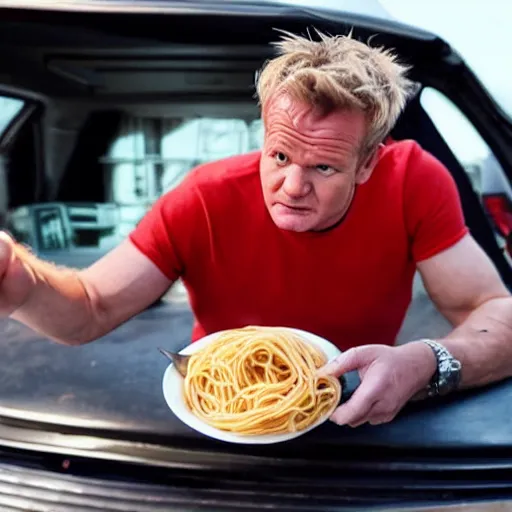 Image similar to gordon ramsey eating spaghetti off the hood of a car