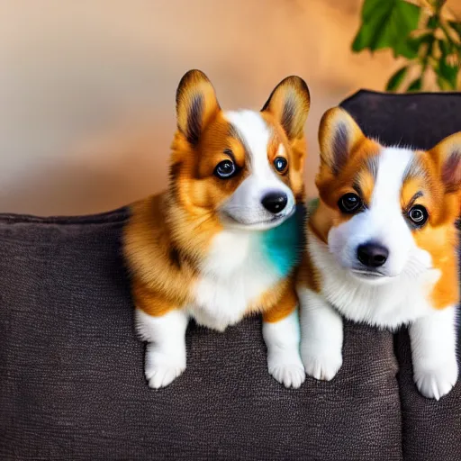 Prompt: 8k highly detailed photograph of the most adorable Corgi Puppies wearing a rainbow bandana, posing on my couch, golden hour,