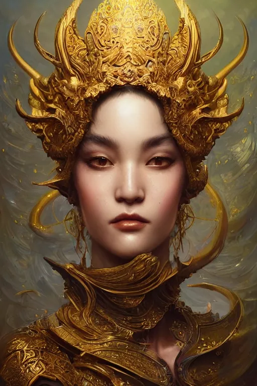 Prompt: face closeup of beautiful dragon girl in intricate detailed oilpaint, ornate gold headpiece, 3 d render, hyper realistic detailed portrait, fyling silk, ruan jia, wlop. scifi, fantasy, hyper detailed, octane render, concept art, by peter mohrbacher, by gustav klimt, by wlop, by ruan jia