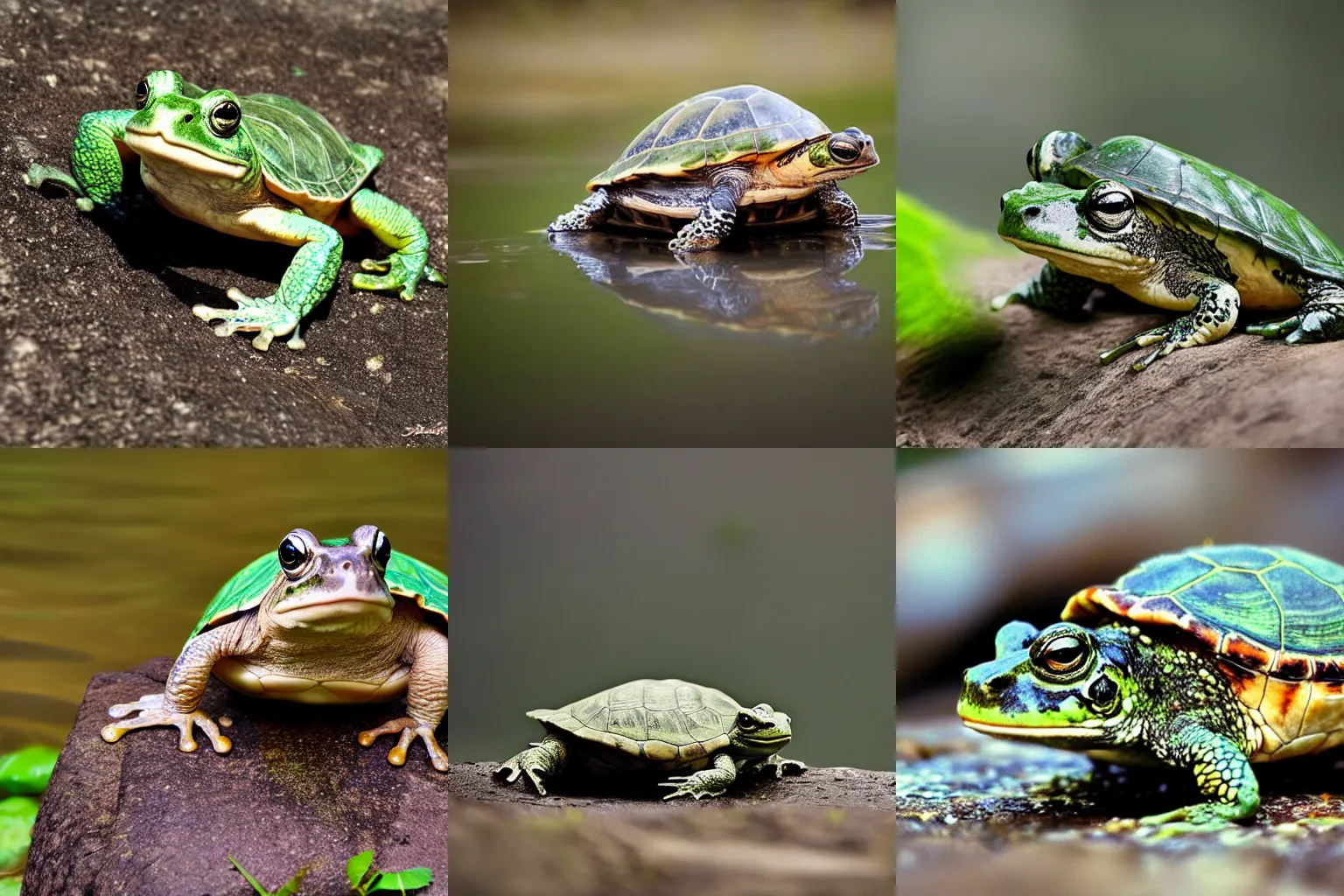 Prompt: hybrid between a turtle and a frog in the wild, animal photography, wild life, dslr